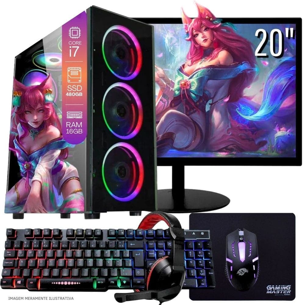 Computador Gamer Completo TOB Intel Core i7 SSD 480GB 16GB Teclado Mouse Mouse Pad e Headset Gamer Monitor 20” Windows 10 Pro Trial