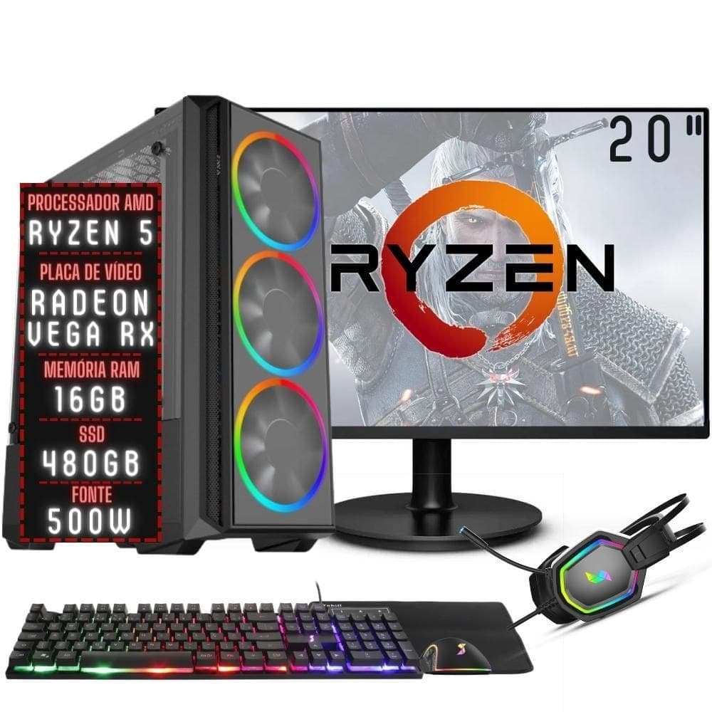 PC Gamer Completo 3green Force AMD Ryzen 5 16GB DDR4 Placa de vídeo Radeon RX SSD 480GB Monitor 20” 75Hz Fonte 500W 3GFO-032