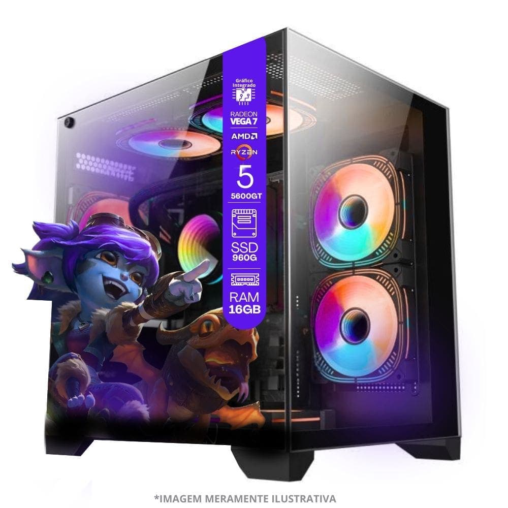 PC Gamer AMD Ryzen 5 5600GT, 16GB RAM, Placa de video Radeon Vega 7, SSD 960GB, Fonte 550W, Gabinete Aquário, Water Cooler