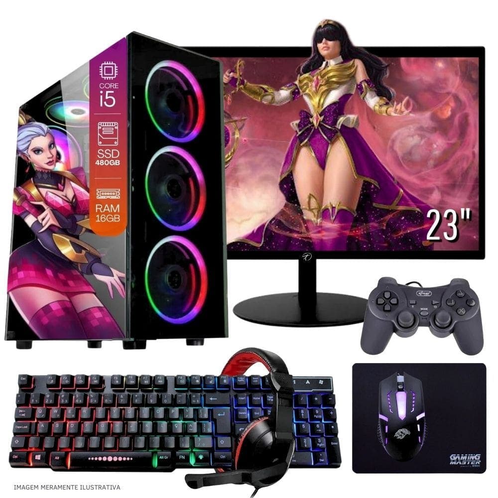 Computador PC Gamer Completo TOB Intel Core i5 SSD 480GB 16GB Teclado Mouse Mouse Pad e Headset Gamer Joystick Monitor 23” Windows 10 Pro Trial