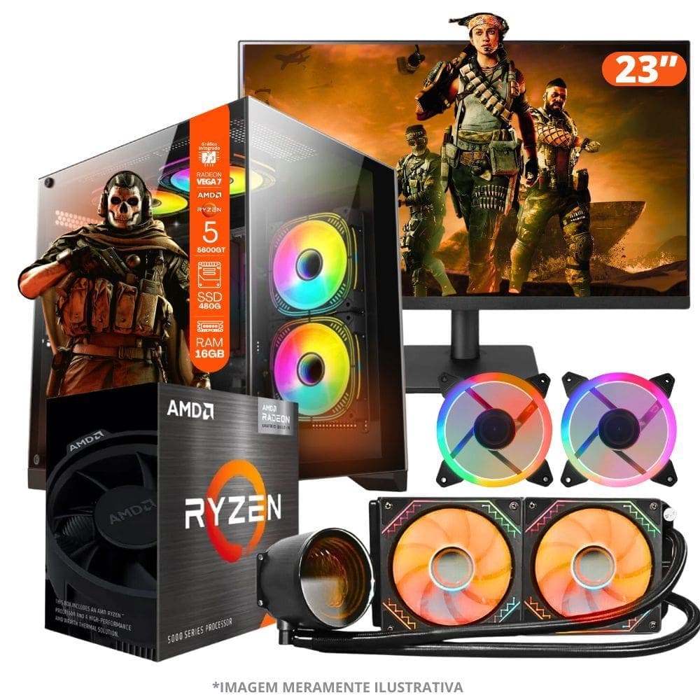 PC Gamer AMD Ryzen 5 5600GT, 16GB RAM, Placa de video Radeon Vega 7, SSD 480GB, Fonte 550W, Gabinete Aquário, Water Cooler + Monitor 23” LED 75hz