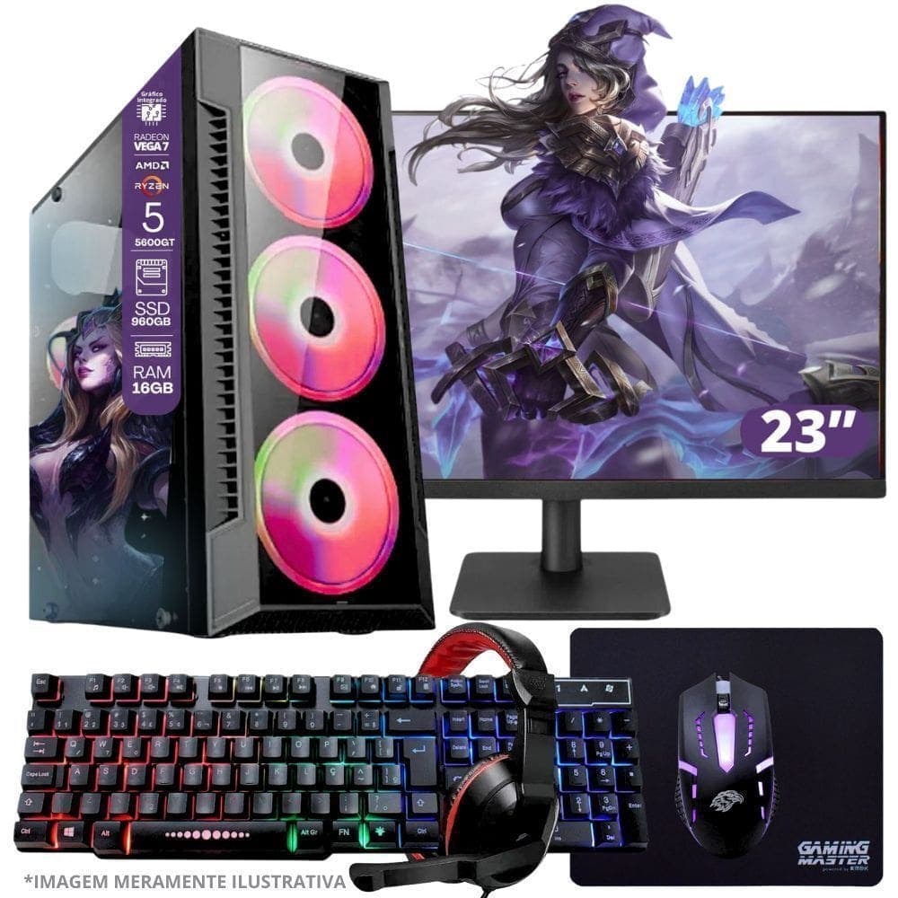 PC Gamer AMD Ryzen 5 5600GT 16GB RAM Placa de video Radeon Vega 7 SSD 960GB Fonte 550W + Monitor 23” LED 75hz + Kit Gamer Completo