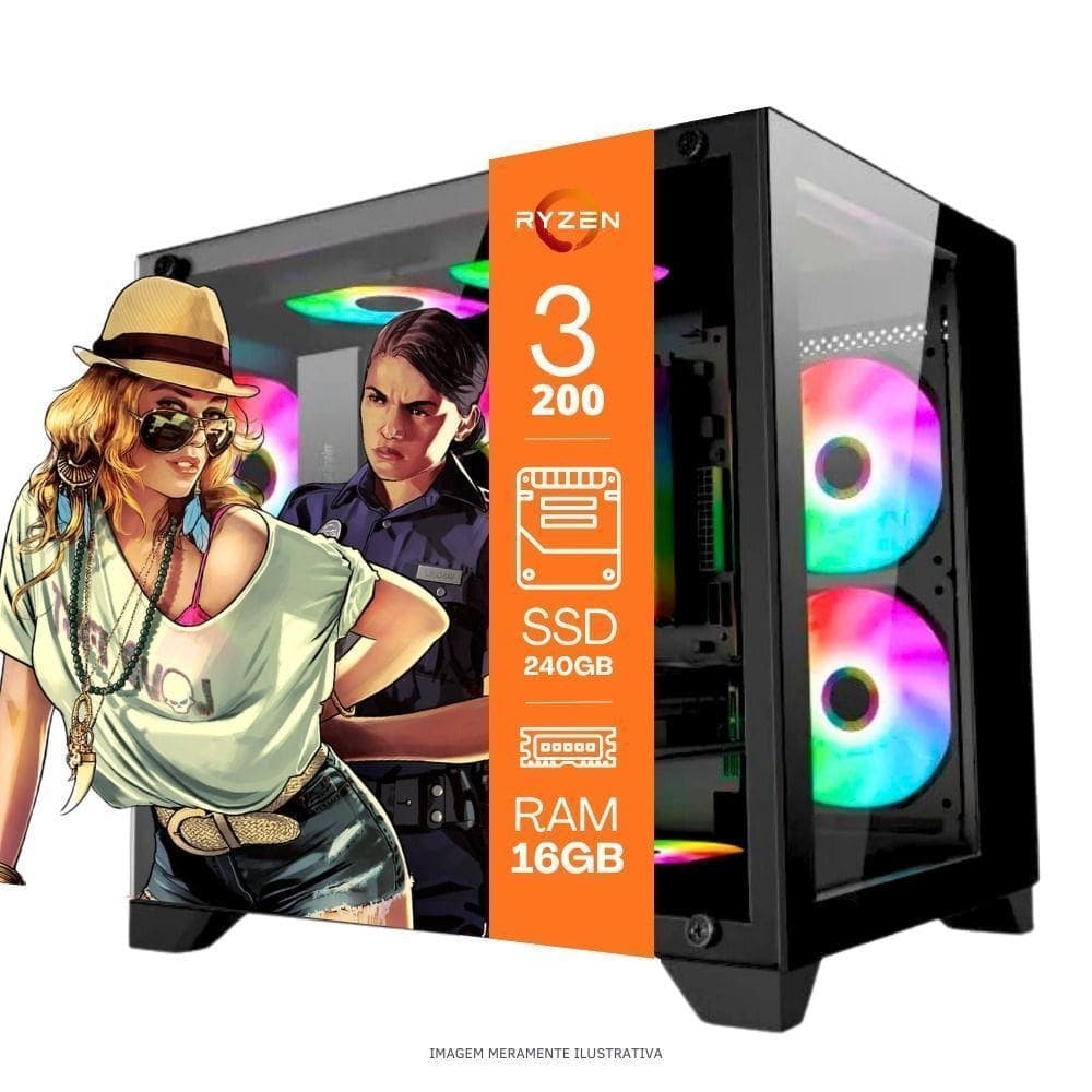 Computador PC Gamer Home Office Ryzen 3 3200G 16GB DDR4 SSD 240GB Radeon Vega 8 Windows 11 A320 Pronto para Uso
