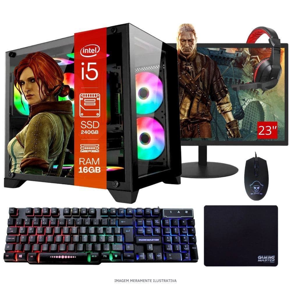 COMPUTADOR PC GAMER COMPLETO TOB INTEL CORE I5 SSD 240GB 16GB GABINETE AQUÁRIO TECLADO MOUSE MOUSE PAD E HEADSET GAMER MONITOR 23”
