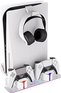 Hosanwell Kit de suporte de parede PS5 com estação de carregamento, compatível com PlayStation 5/Slim/Pro Disc e versão digital, estação de carregamento de uso duplo com luz RGB multimodo, branco