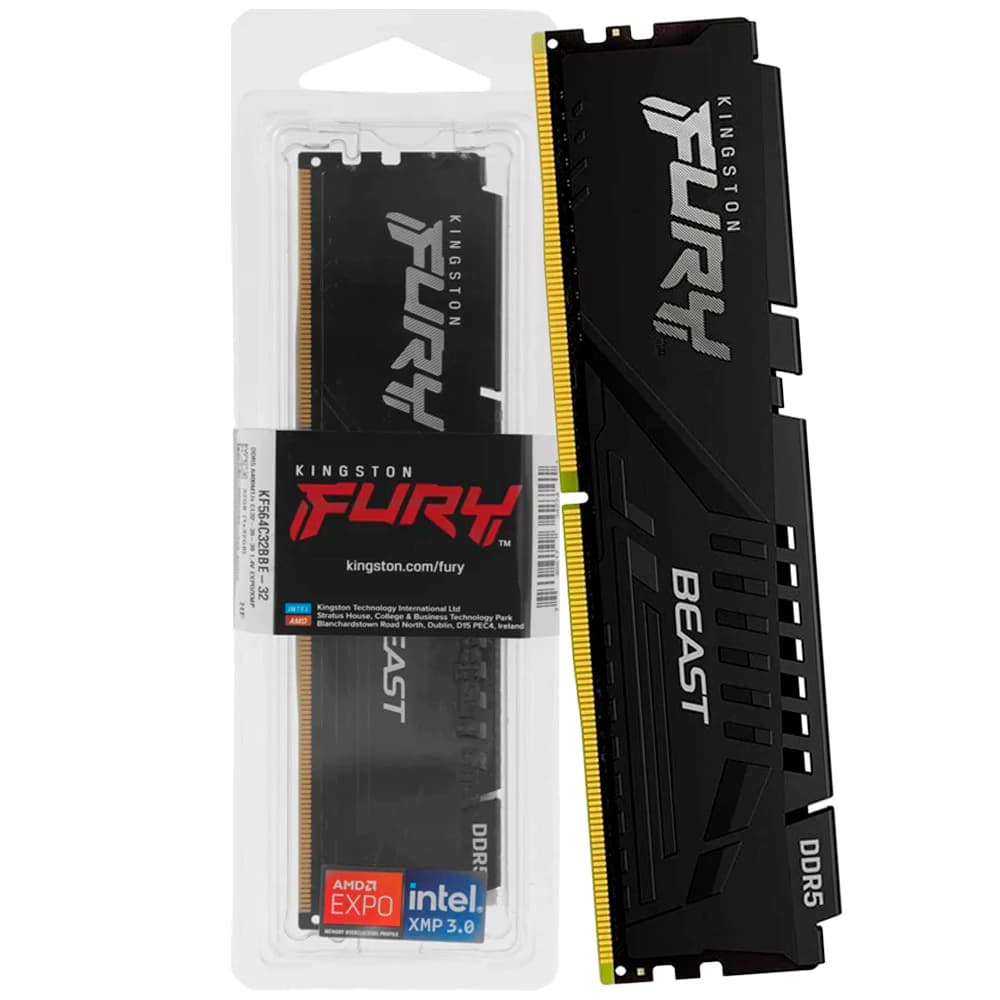 Memória Gamer Kingston Fury Beast Preta Amd Expo Ddr5 32gb Cl32 6400mhz - KF564C32BBE-32