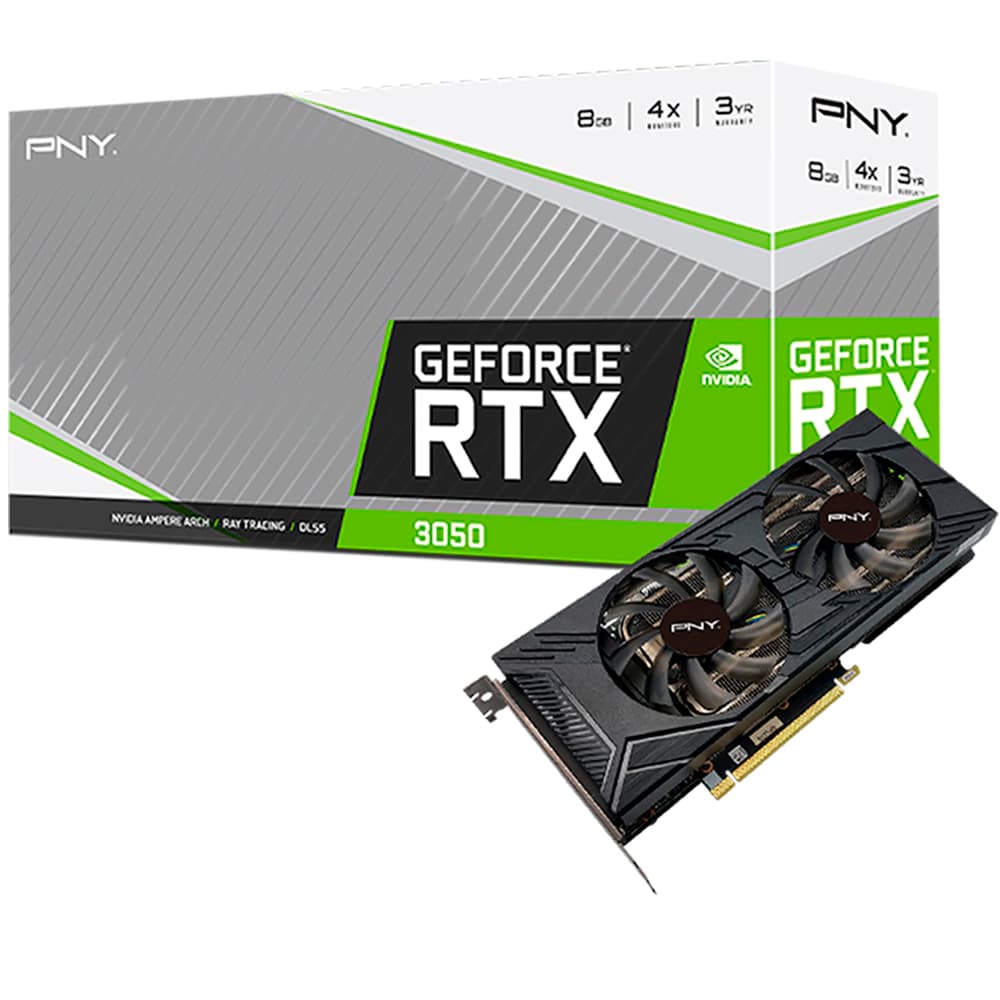 Placa De Vídeo Pny Nvidia Geforce Uprising Dual Fan Rtx 3050 8gb Gddr6 Lhr 128 Bits - VCG30508DFMPB