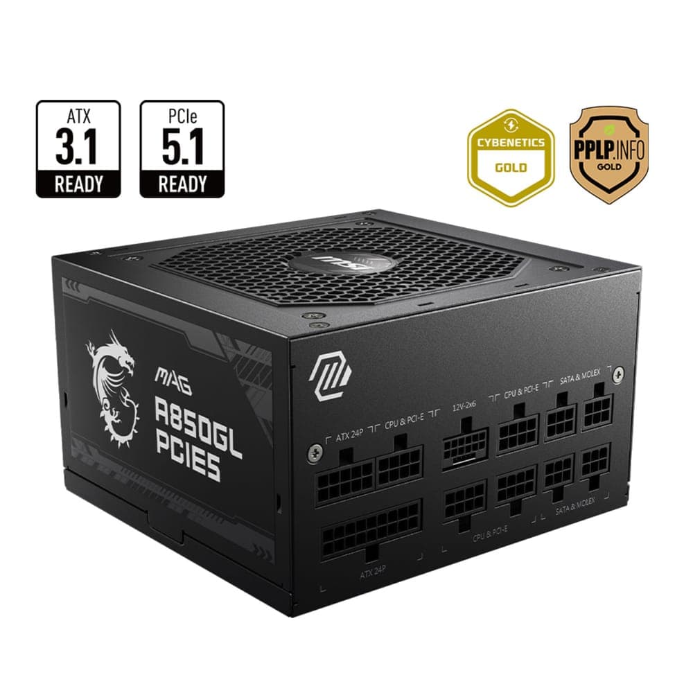 Fonte 850W MSI MAG A850GL PCIE5 - Modular - Eficiência Até 90% - 80 PLUS® Gold - PFC Ativo - Preto