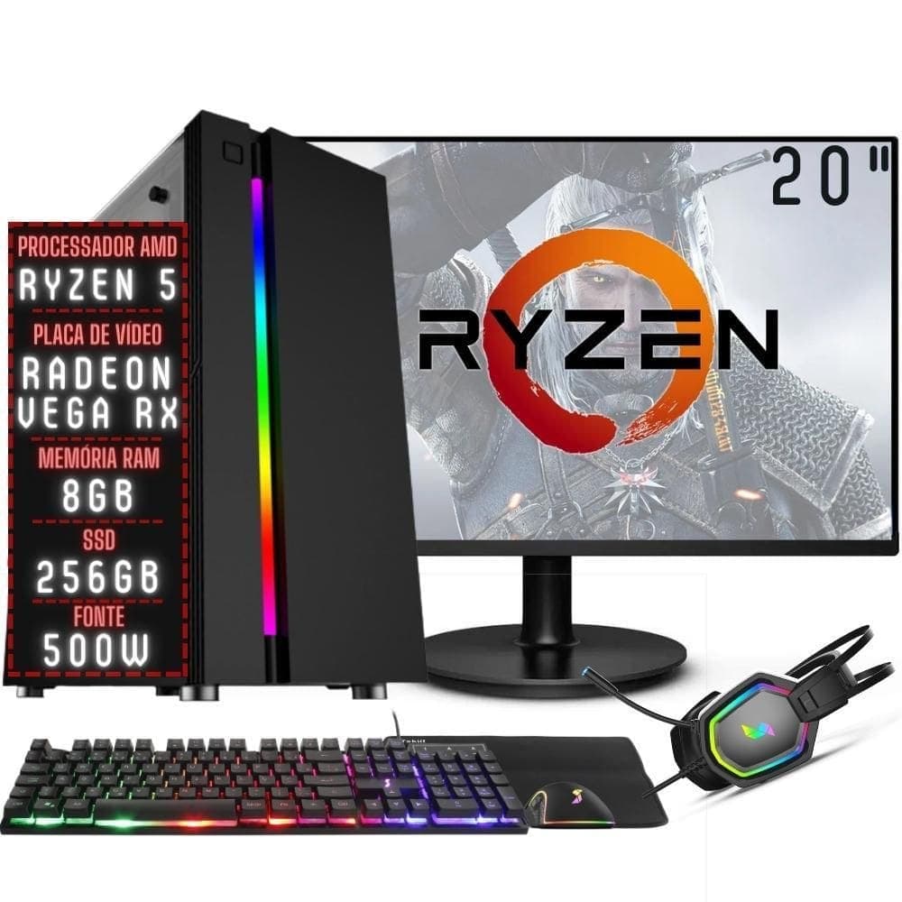 PC Gamer Completo 3green Force AMD Ryzen 5 8GB DDR4 Placa de vídeo Radeon RX SSD 256GB Monitor 20” 75Hz Fonte 500W 3GFO-025