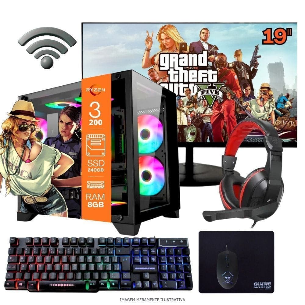 Computador PC Gamer Home Office Ryzen 3 3200G 16GB DDR4 SSD 240GB Radeon Vega 8 Windows 11 A320 Monitor 19 Pronto para Uso