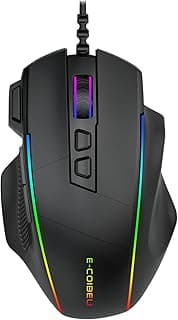 Mouse Gamer com Fio RGB, Mouse para Jogos com DPI Ajustável até 12400, 6 Botões Programáveis, Taxa de Retorno de 1000 Hz, Design Ergonômico, USB, Preto