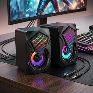 Caixinha de Som PC Gamer Potente com Iluminação RGB, Alto Falante Estéreo para Computador e Notebook, Entrada USB e P2 com Cabo Controle de Volume, Ideal Setup Gamer, Home Office - Premium