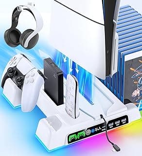 Suporte para PS5/Slim/Pro com refrigeração, ventilador PS5 de 3 velocidades, suporte PlayStation 5 RGB com indicador LED e carregador comando PS5, acessórios PlayStation 5